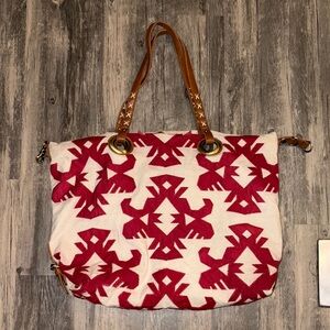Vintage Lucky brand Aztec theme canvas tote bag/beige red Aztec symbol